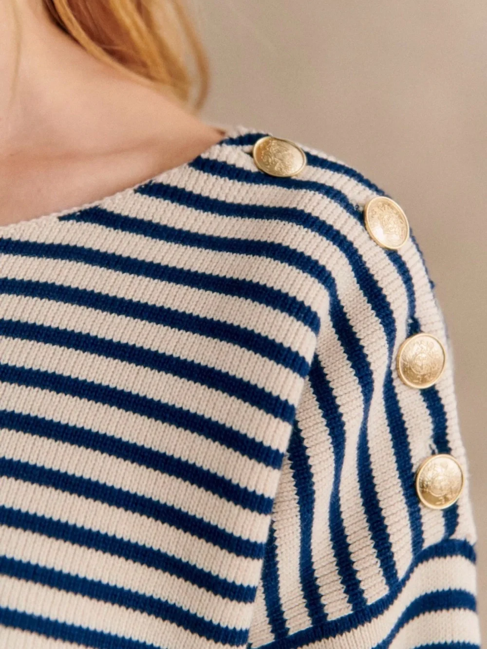 Sezane daisy Boatneck Knit Sweater with Shoulder Button Detail